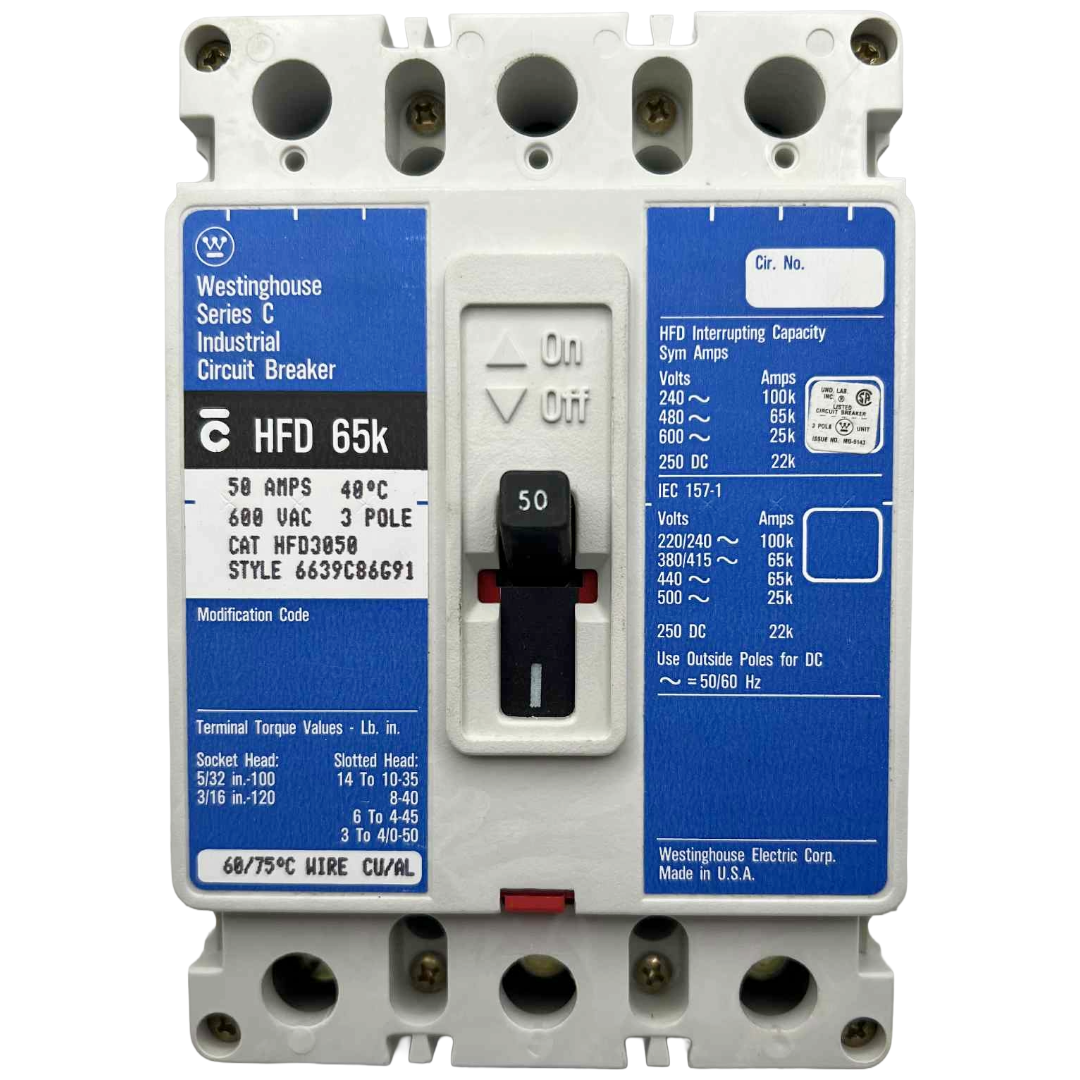 Westinghouse industrial circuit breaker with blue and white label on a white background