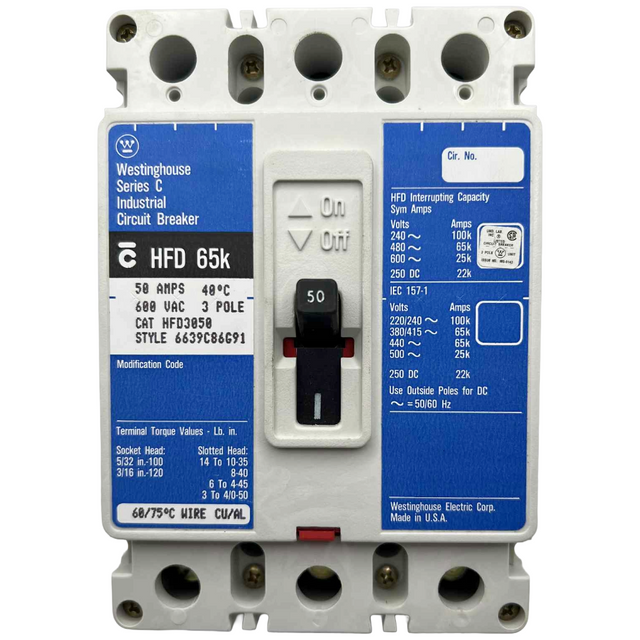 Westinghouse industrial circuit breaker with blue and white label on a white background