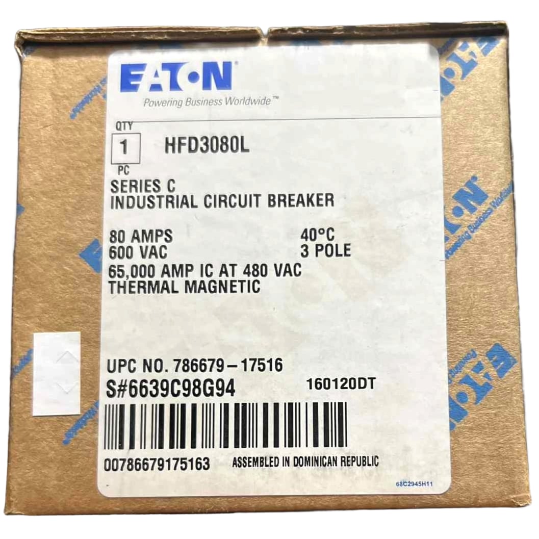 Eaton industrial circuit breaker packaging with label on cardboard box