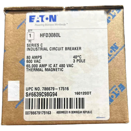 Eaton industrial circuit breaker packaging with label on cardboard box