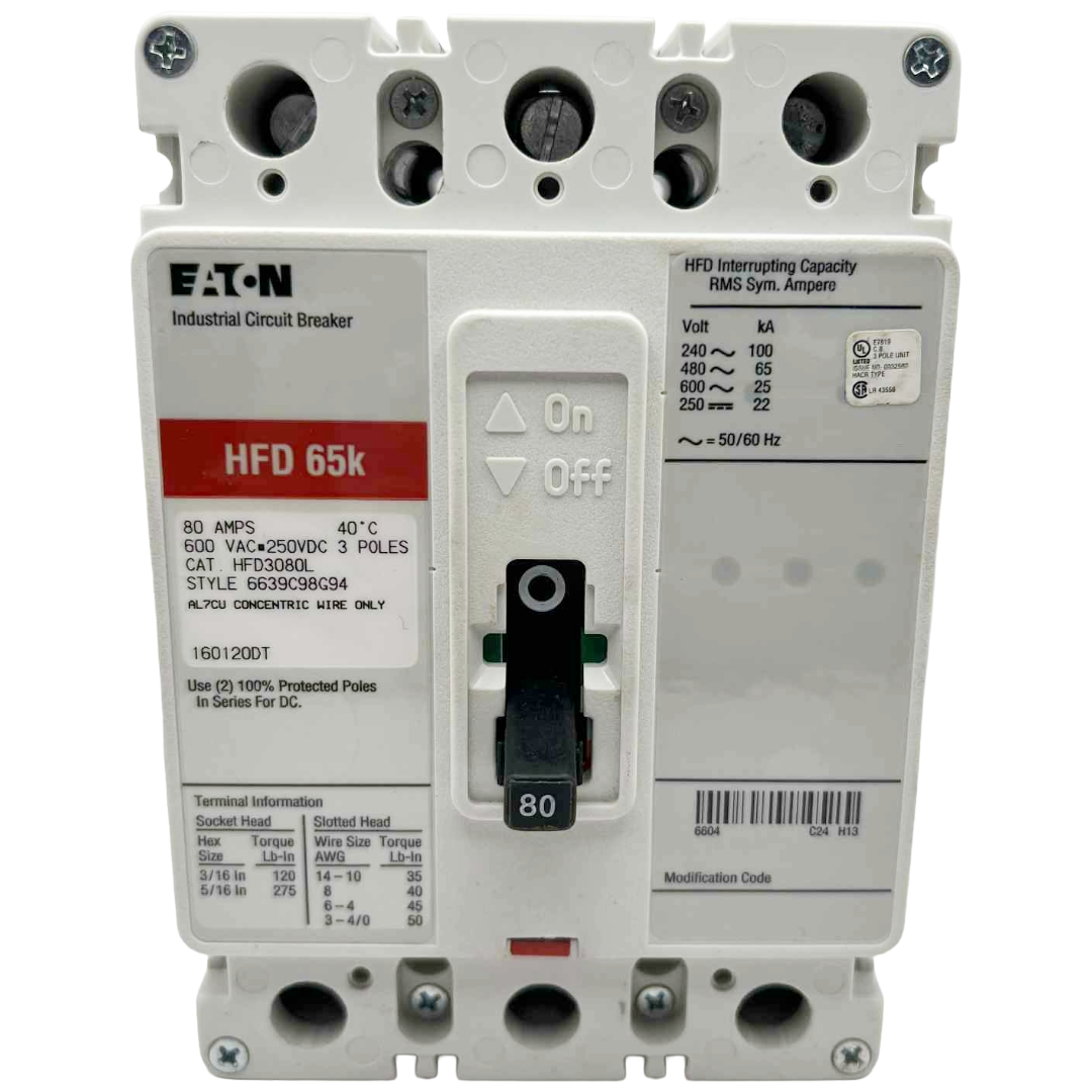 Eaton industrial circuit breaker with label on a white background