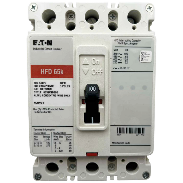 Eaton industrial circuit breaker with model number HFD 65k on a white background