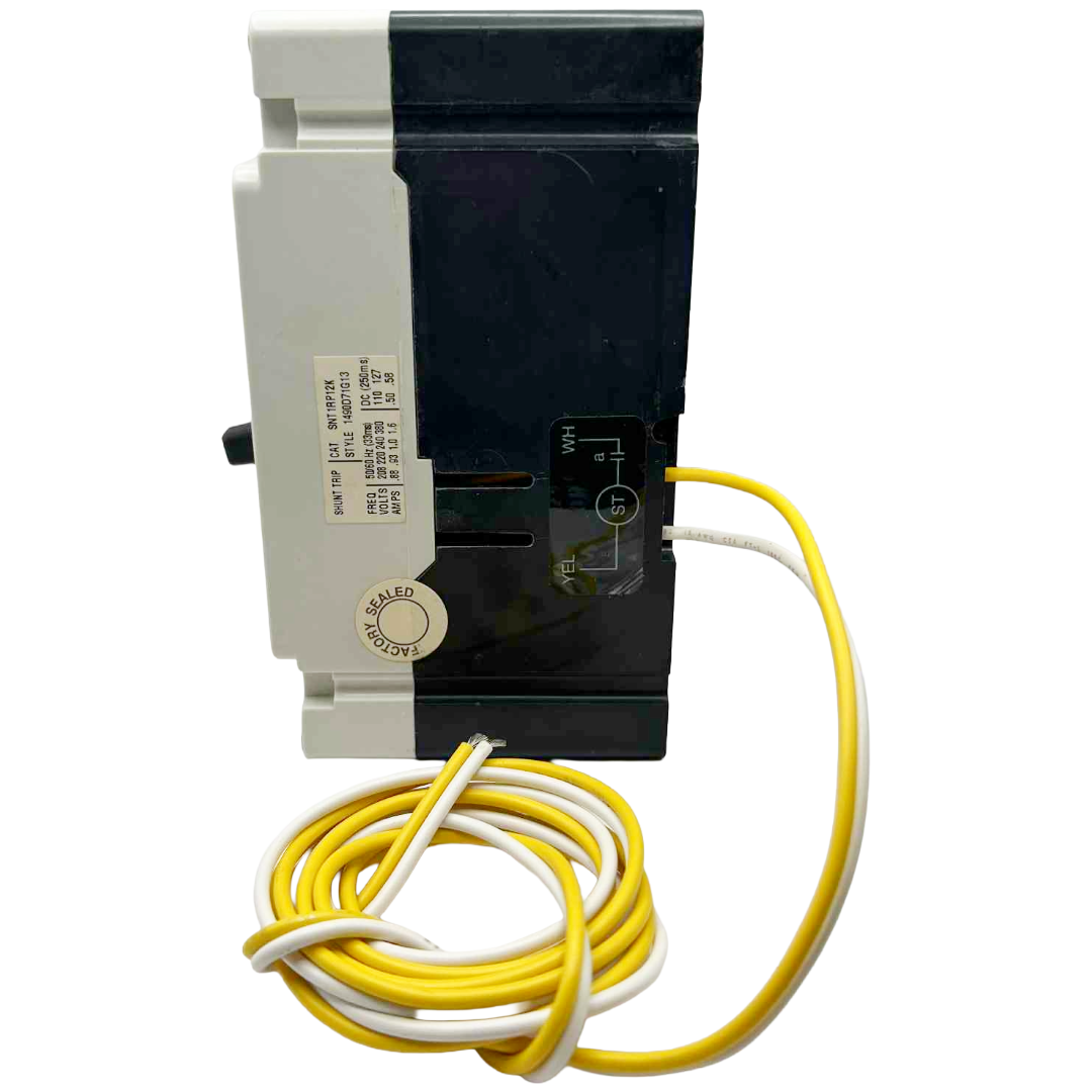 Electrical circuit breaker with yellow and white wires on a white background