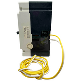 Electrical circuit breaker with yellow and white wires on a white background