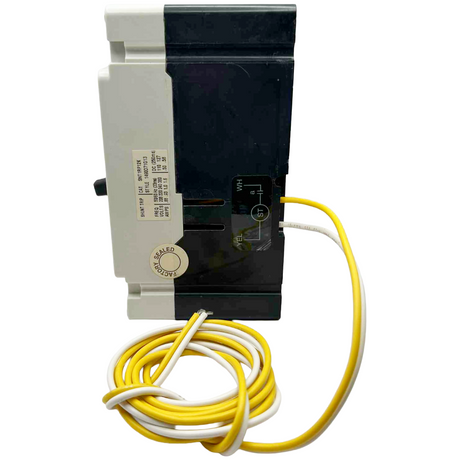 Electrical circuit breaker with yellow and white wires on a white background