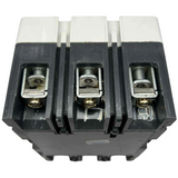 Three-terminal electrical connector with metallic contacts on a white background