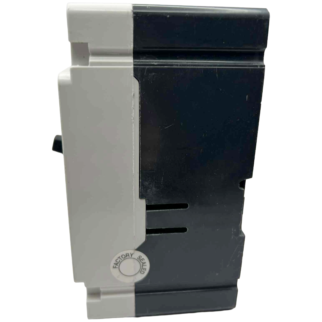 Black and gray electronic component on a white background