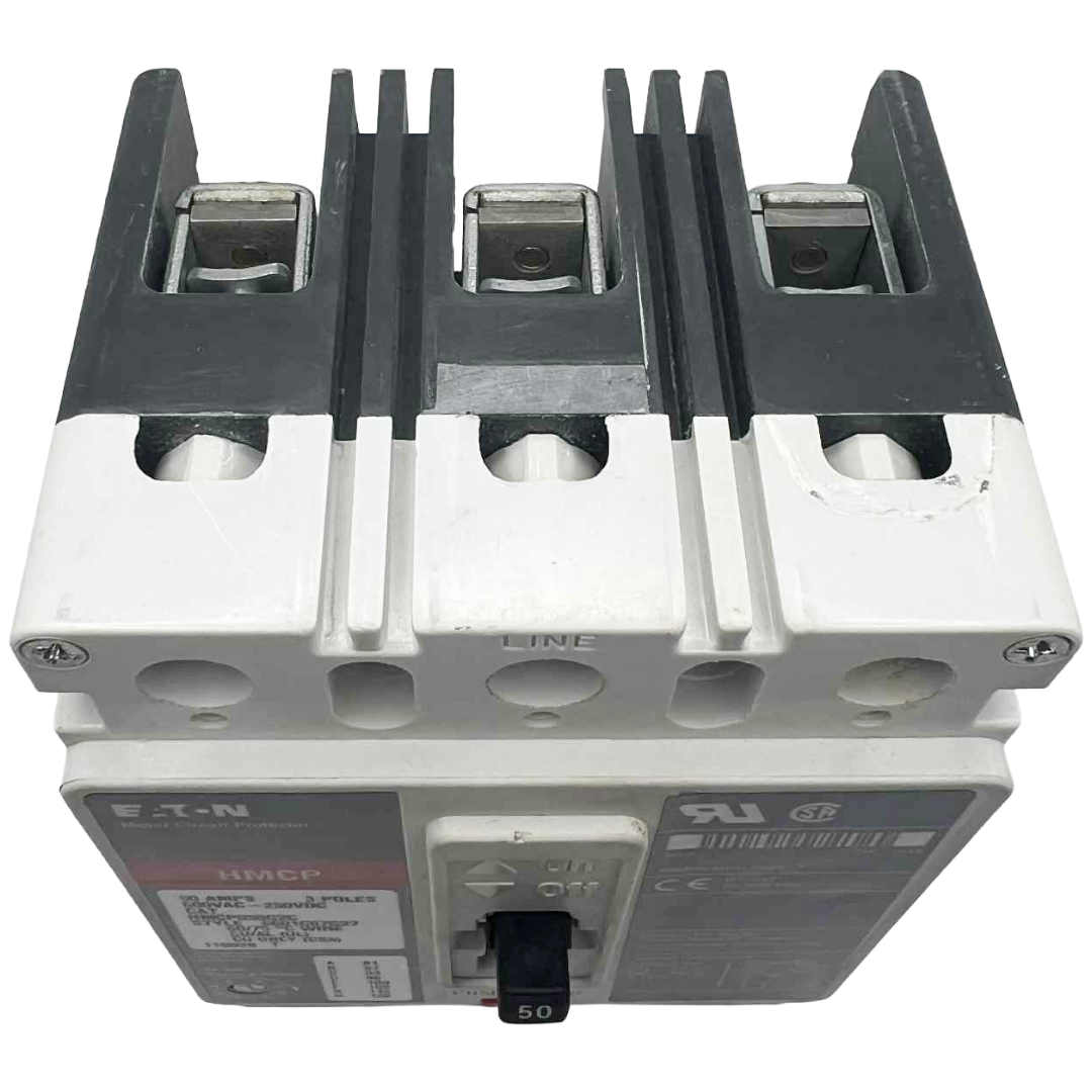 Electrical breaker with metallic and plastic components on a white background