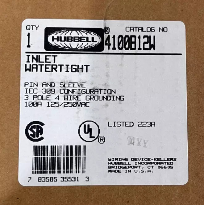 Hubbell 4100B12W - 100 Amp Pin and Sleeve Inlet