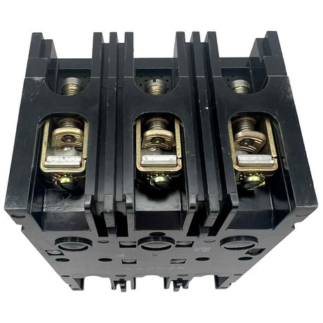Black electrical circuit breaker with brass contacts on a white background