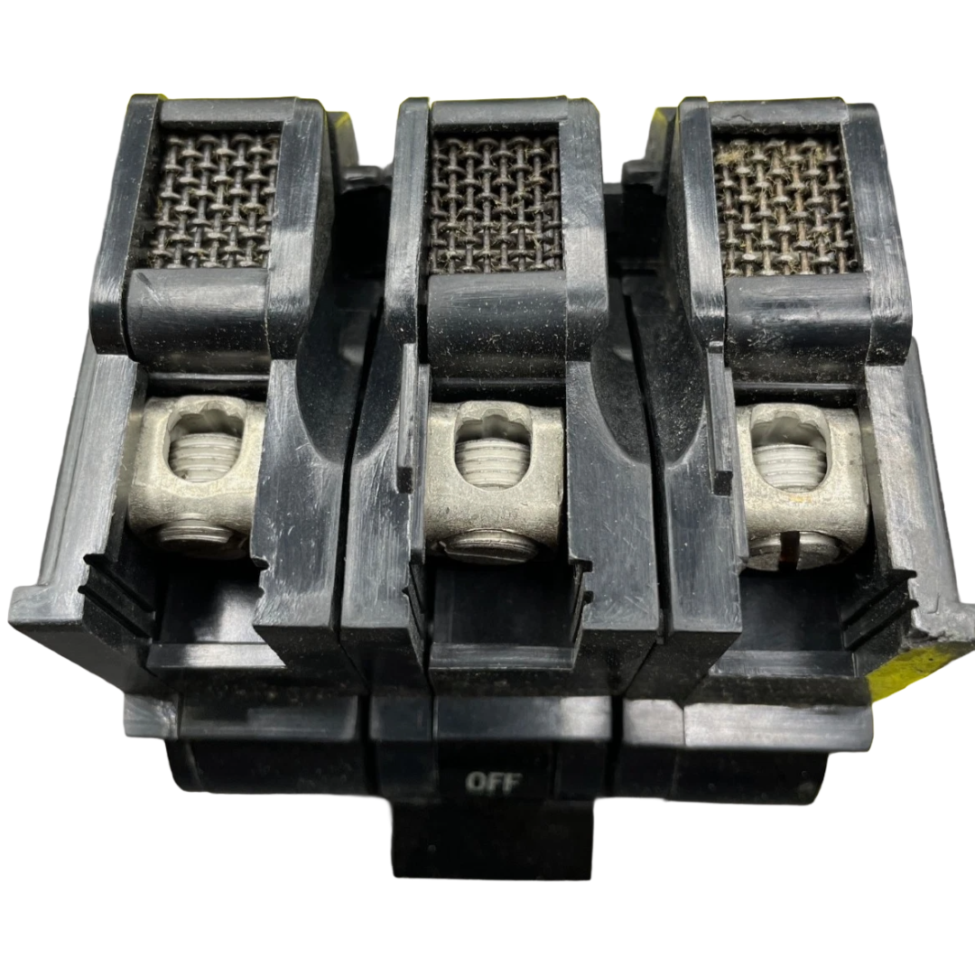 Black circuit breaker with 'OFF' label on a white background