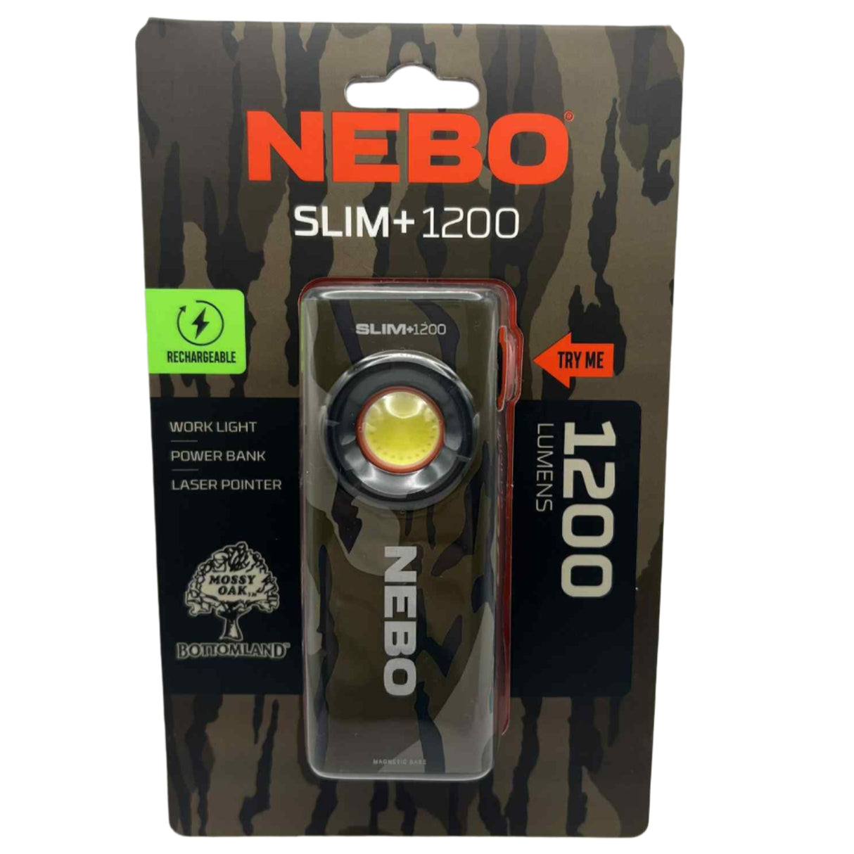 NEBO & Mossy Oak Bottomland Slim+ 1200 Rechargeable Pocket Light with Power Bank and Red Laser Pointer