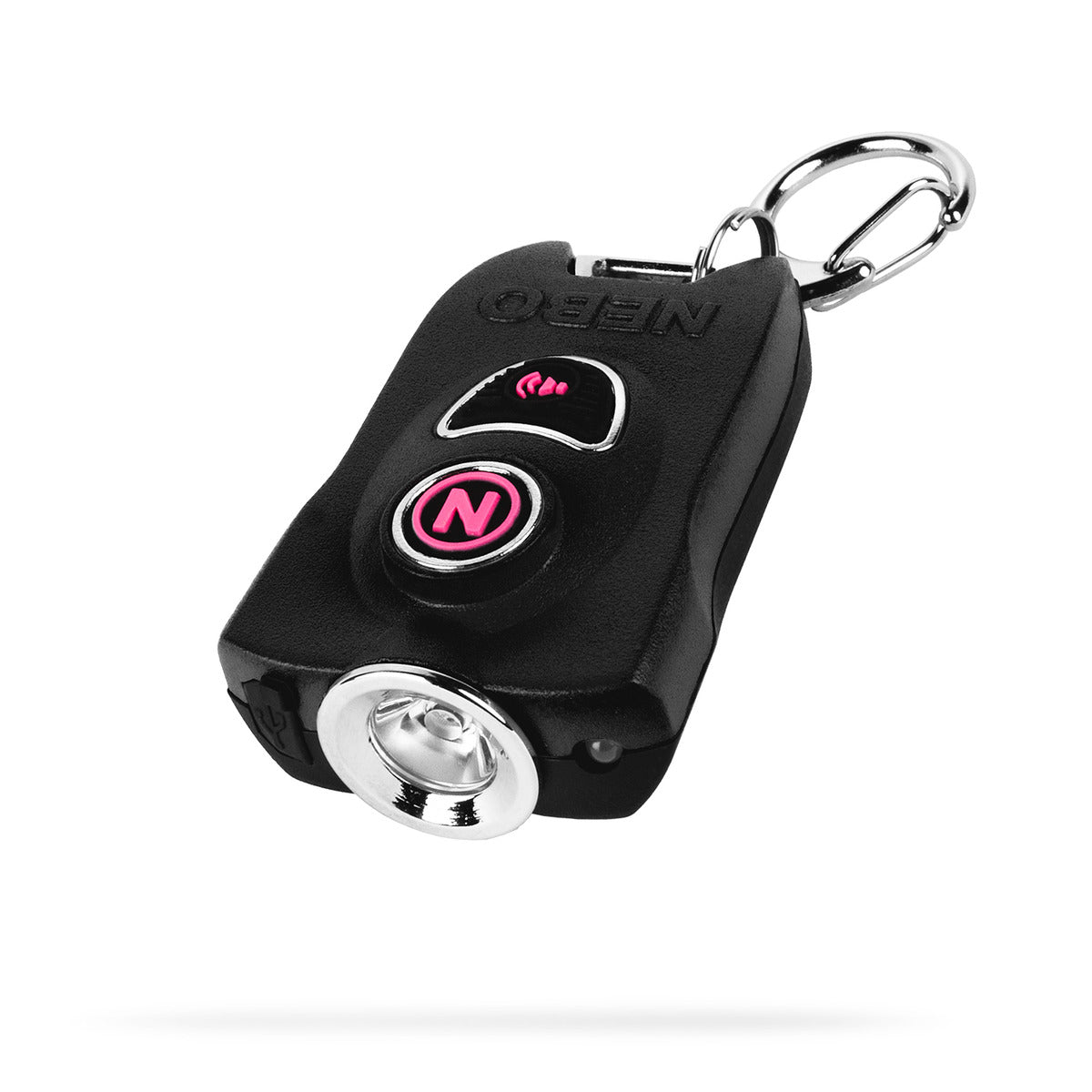Black keychain with LED light and pink logo on a white background