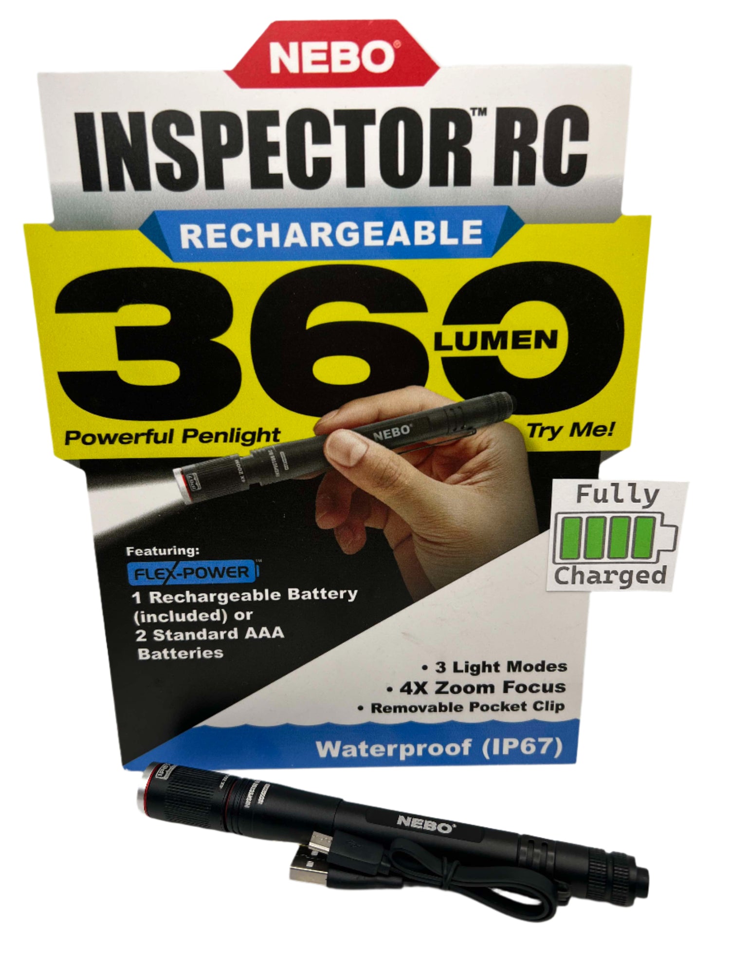 Nebo Inspector RC rechargeable penlight with packaging, displaying the penlight being used to illuminate a area, with a focus on the product's features like waterproof capability and 360 lumens.