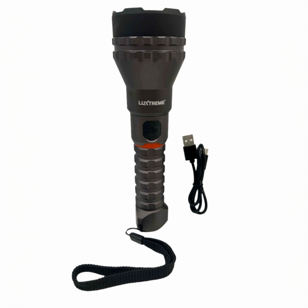 Black flashlight with USB cable on a white background