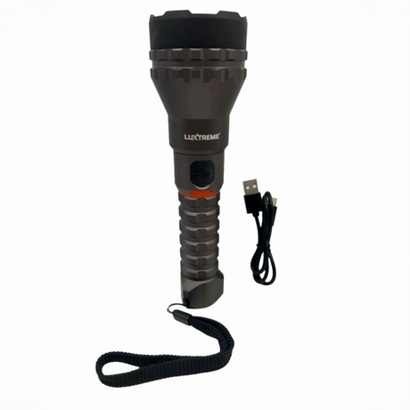 Black flashlight with USB cable on a white background