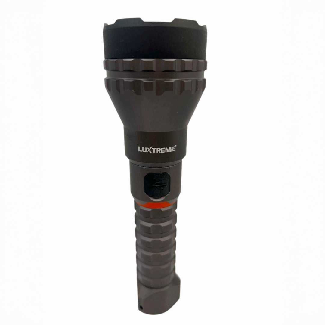 Black flashlight with 'Luxtreme' branding on a white background