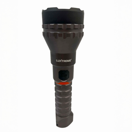 Black flashlight with 'Luxtreme' branding on a white background