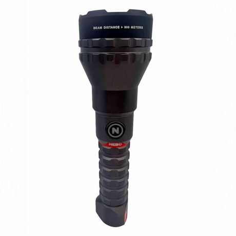 Black flashlight with brand logo on a white background