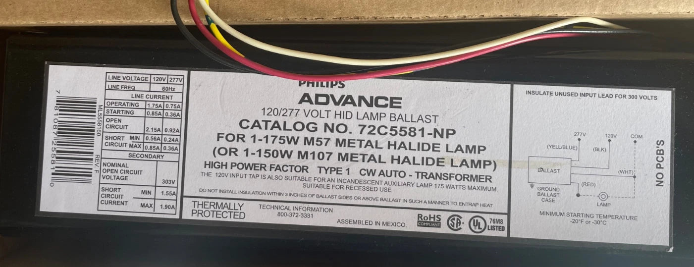 Phillips Advance Ballast For 1-175W M57 Metal Halide Lamp