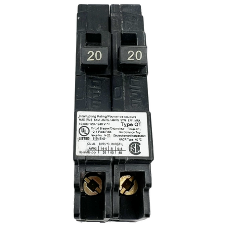 Black electrical circuit breaker with rating '20' on a white background