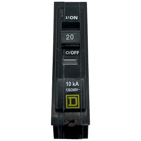 Black circuit breaker with labeled ratings on a white background