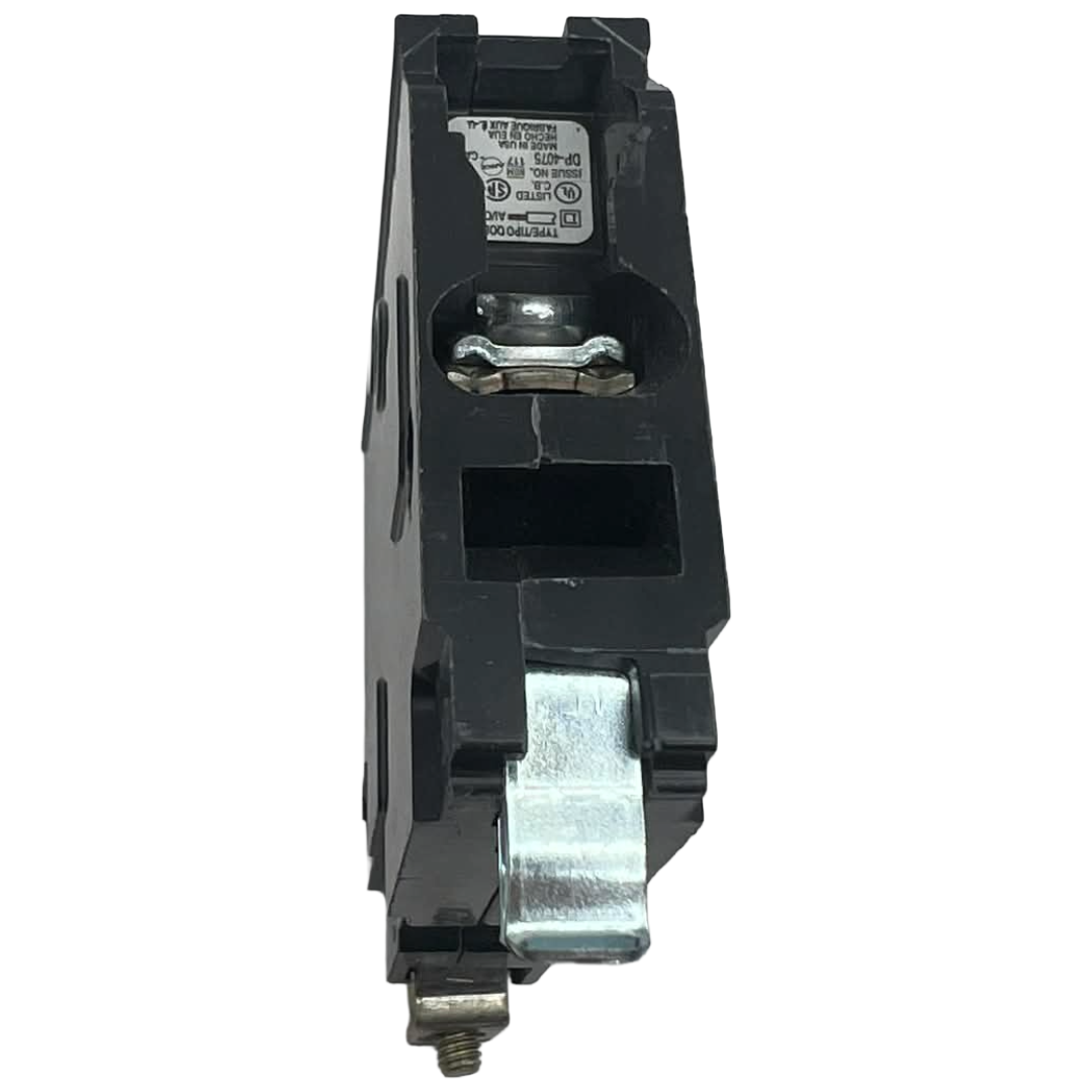 Black electrical circuit breaker on a white background