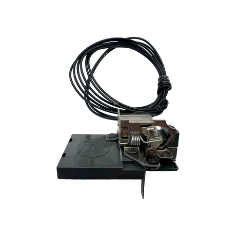 Mechanical component with a black cable on a white background