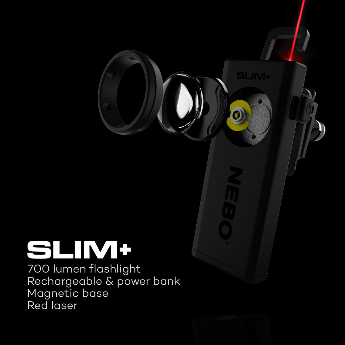 NEBO Slim+ 700 Lumen Rechargeable Pocket Light with Red Laser Pointer and Power Bank