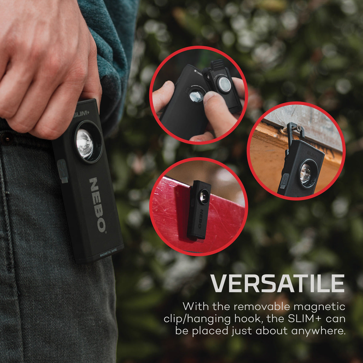 NEBO Slim+ 700 Lumen Rechargeable Pocket Light with Red Laser Pointer and Power Bank