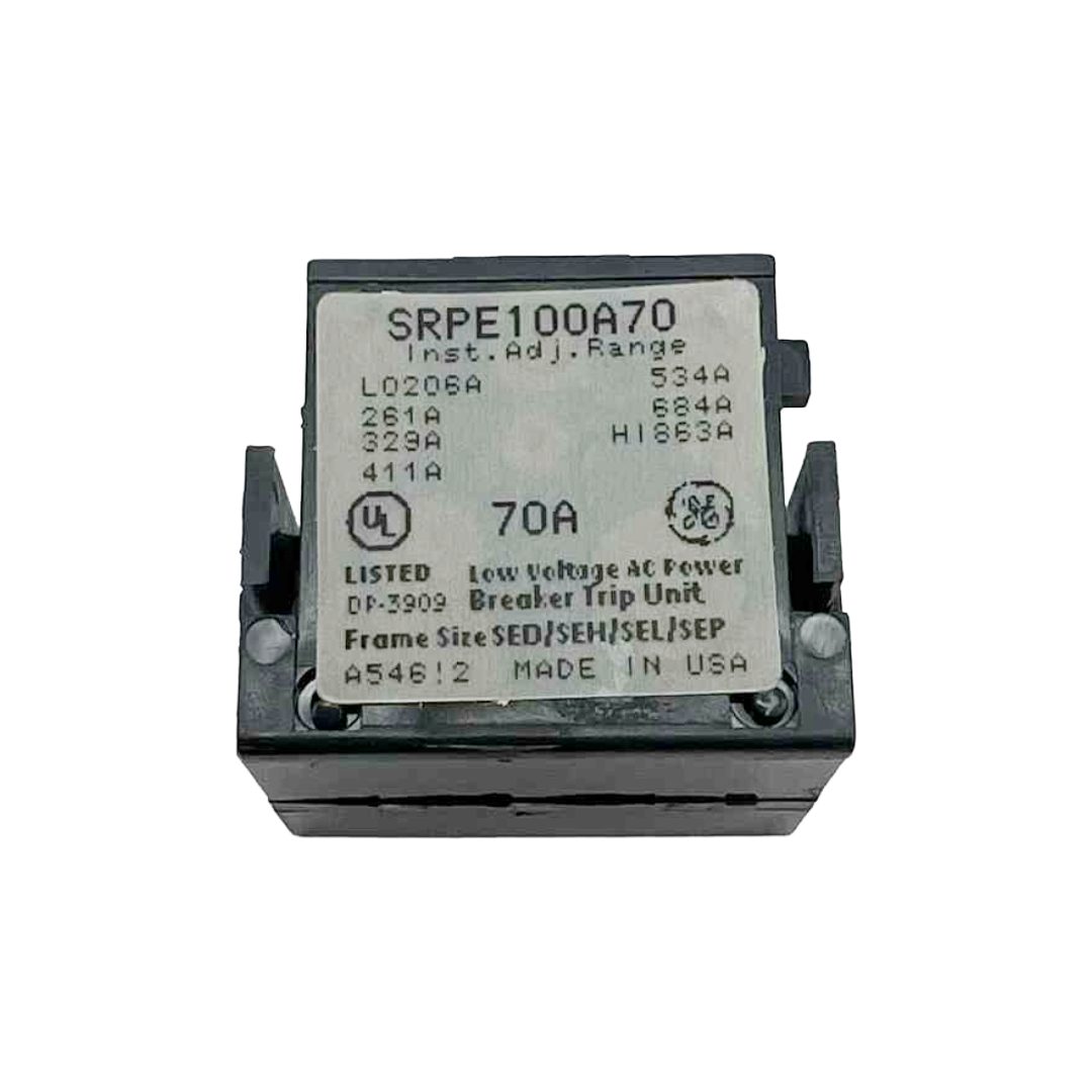 Electrical breaker trip unit with label on a white background