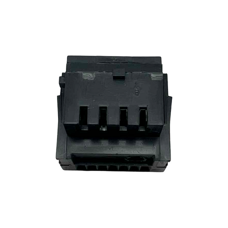 Black rectangular electronic connector on a white background