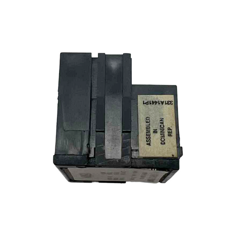 Black electronic component with text on a white background
