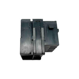 Black plastic component on a white background