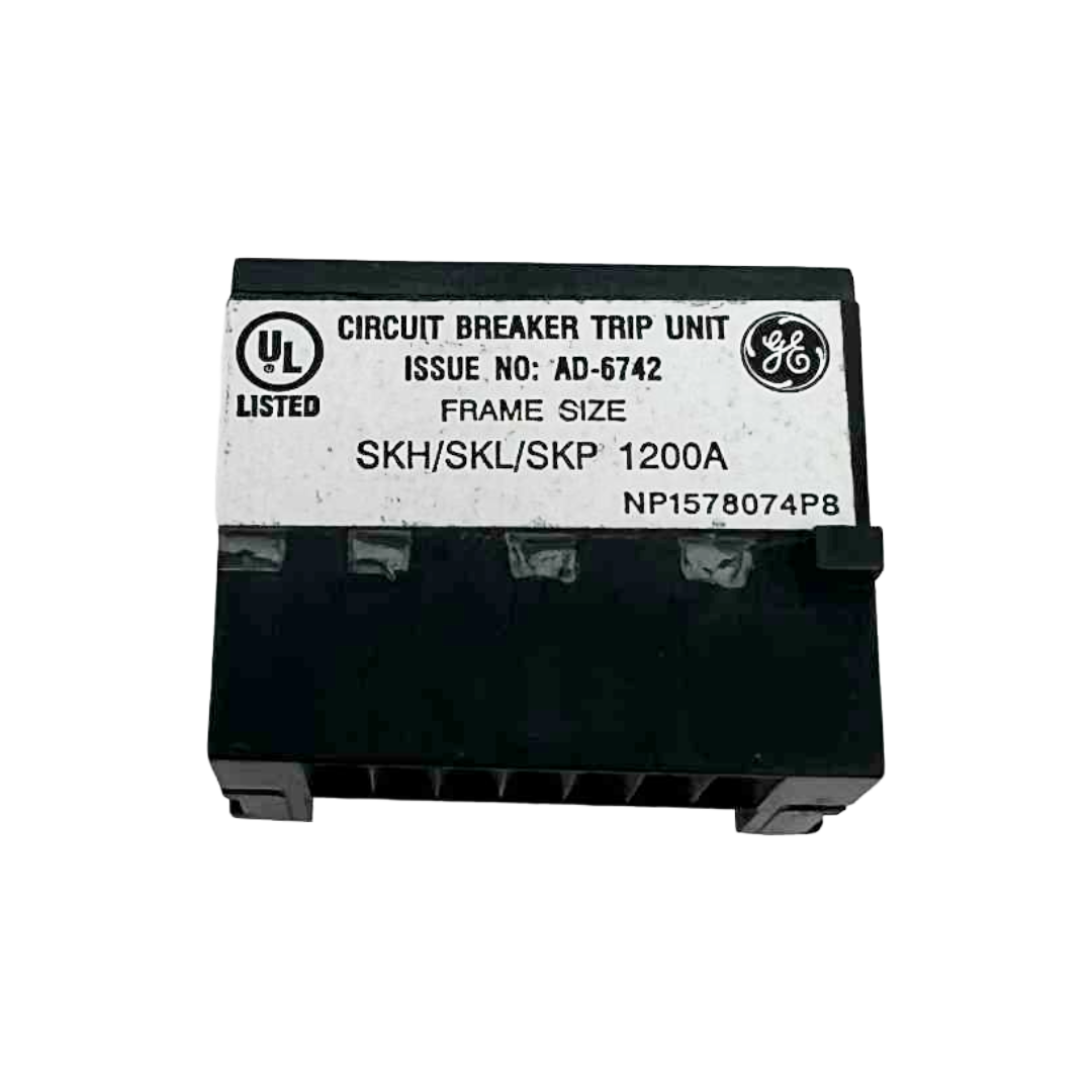 Circuit breaker trip unit with General Electric logo on a white background