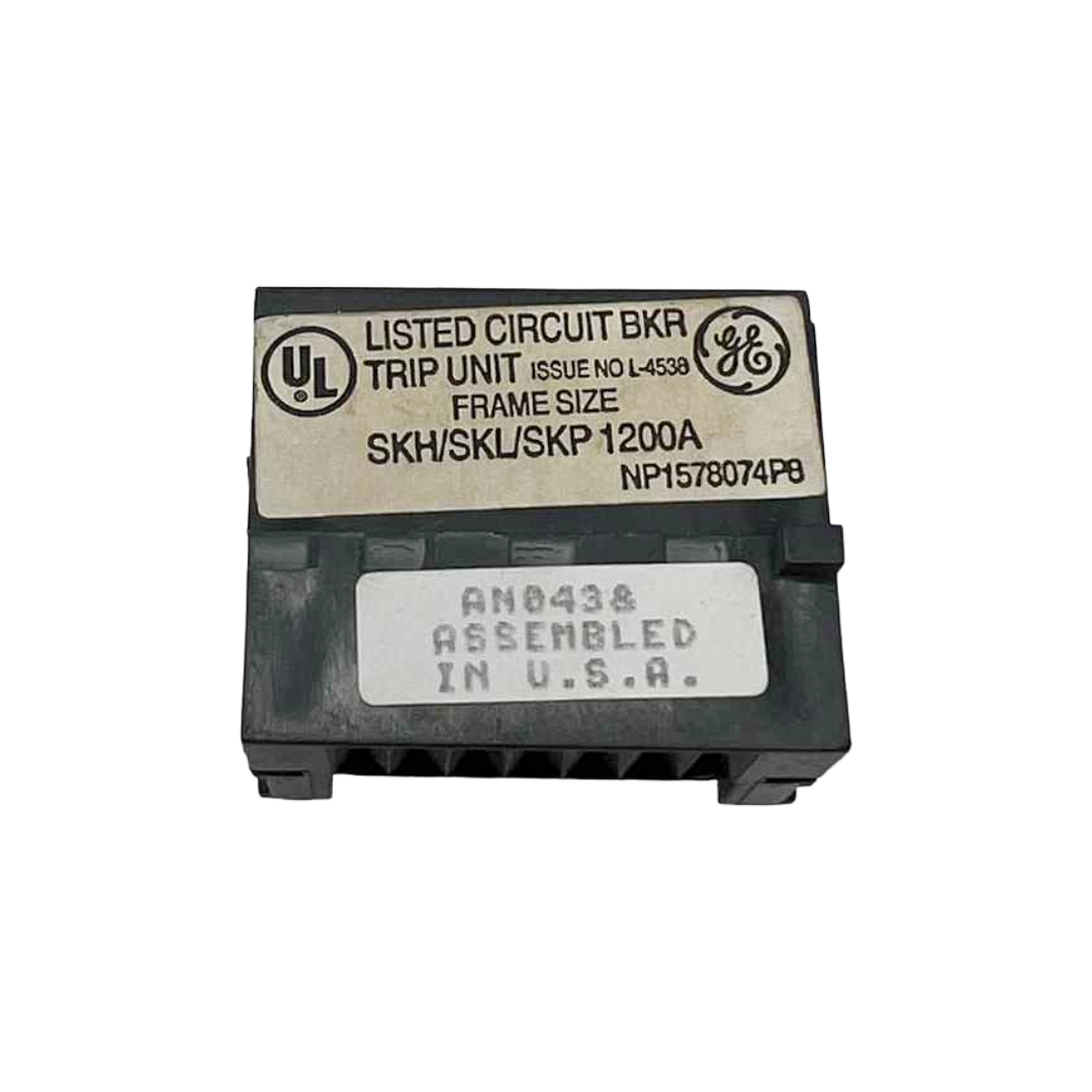 Electrical circuit breaker trip unit with GE branding and UL listing on a white background