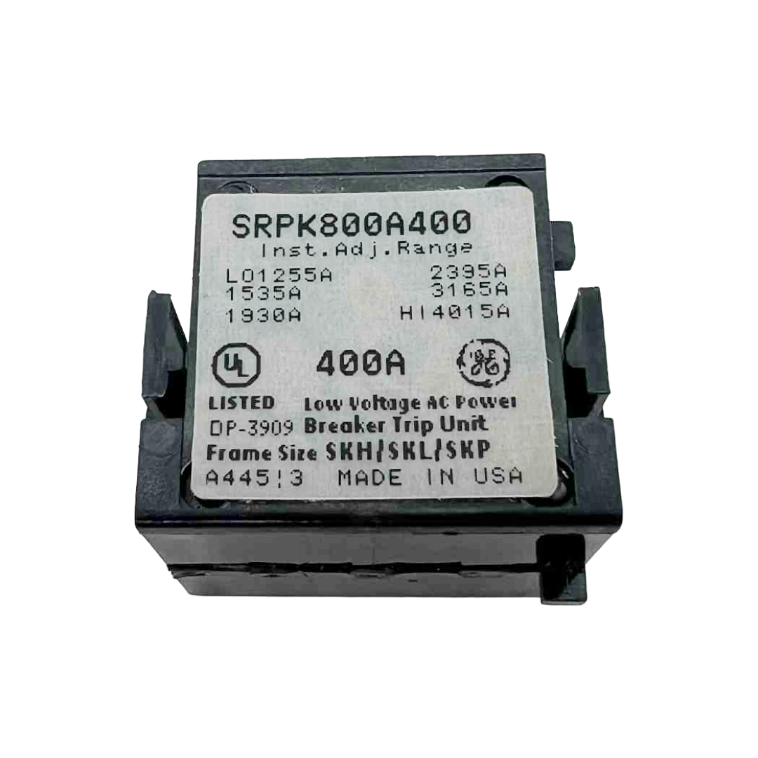 Electrical breaker trip unit with UL and GE branding on a white background