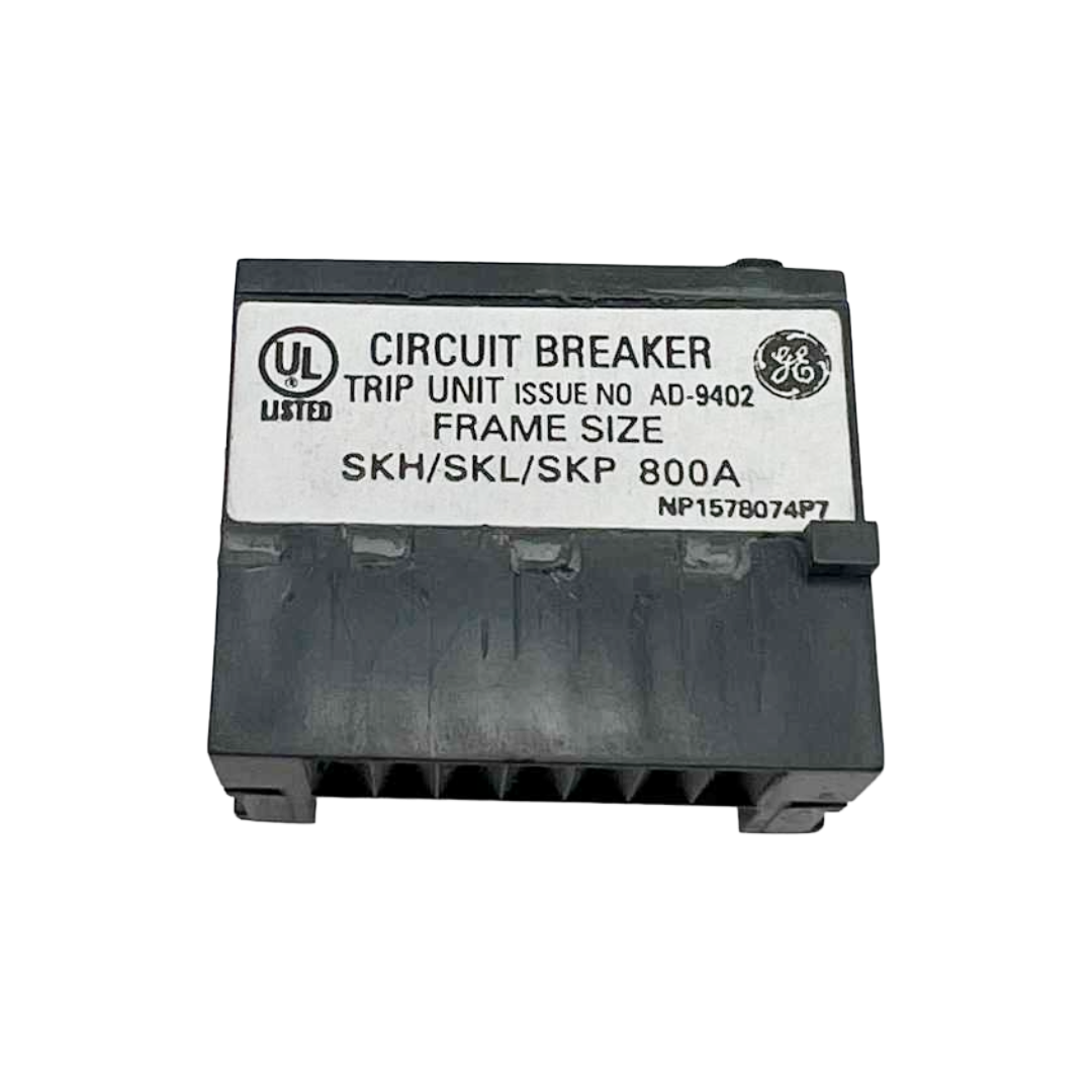 Circuit breaker trip unit with GE logo and specifications on a white background