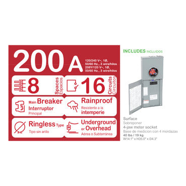 Schneider Electric RC816F200C - 200 Amp, 8 Space Meter Main Combo