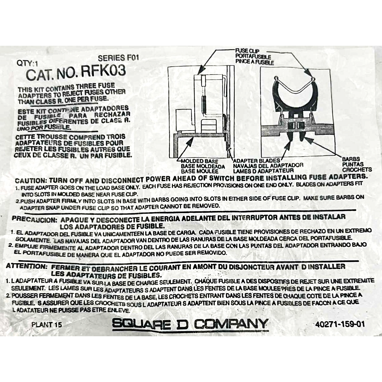 Schneider Electric RFK Type R, 30 Amp, 240V Fuse Rejection Kit