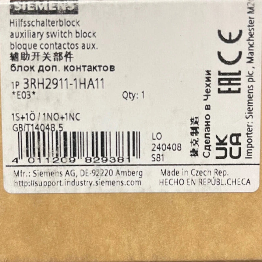 Siemens 3RH29111HA11 - Auxiliary Switch Block