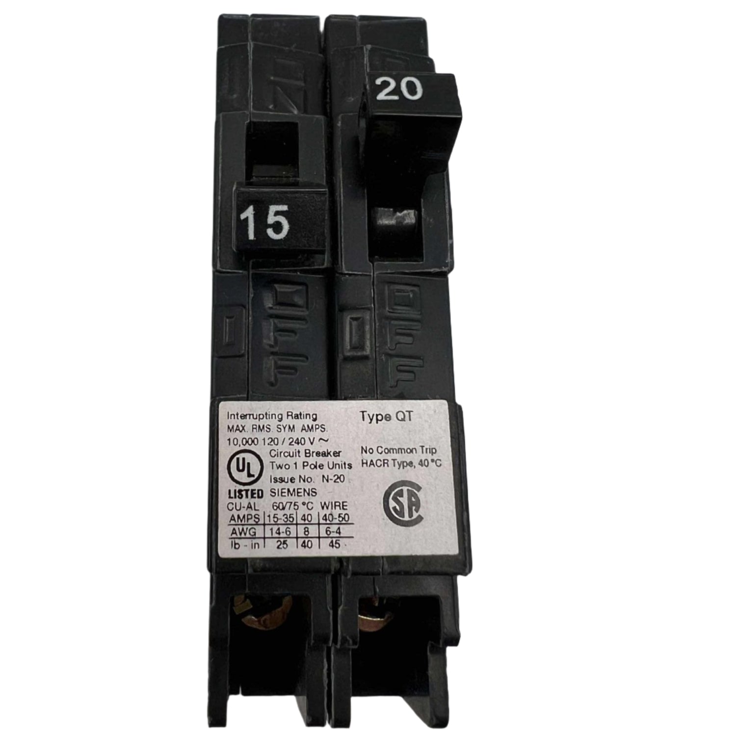 Siemens Q 15/20 Amp NC Tandem Circuit Breaker