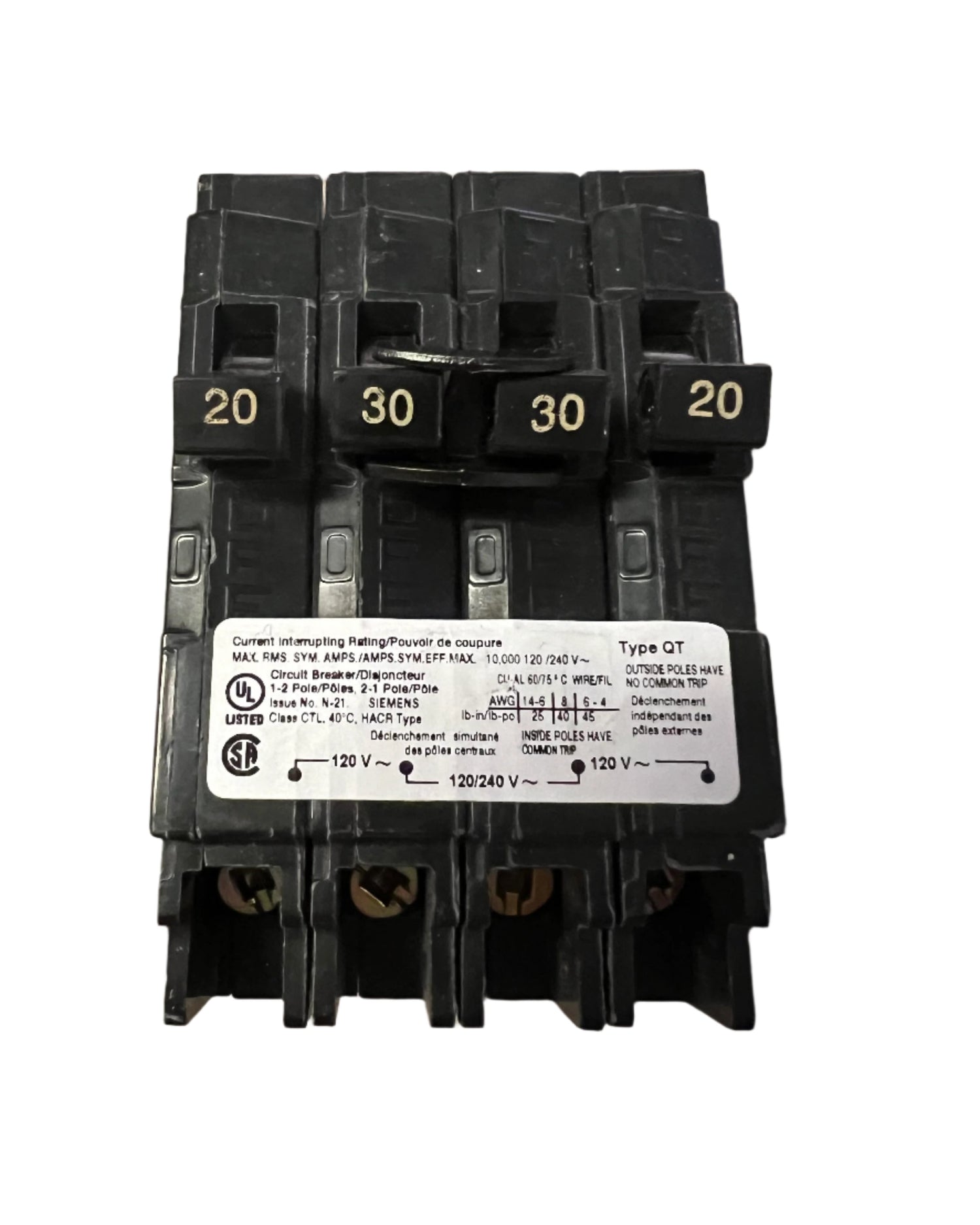 Siemens Q 20 and 30 Amp CT Triplex Circuit Breaker