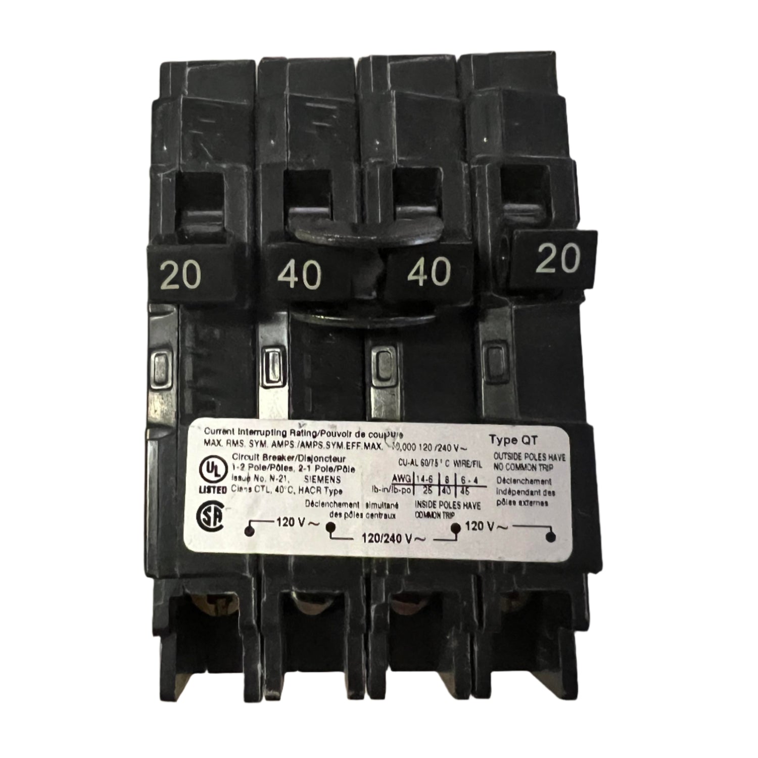 Siemens Q 20 and 40 Amp CT Triplex Circuit Breaker