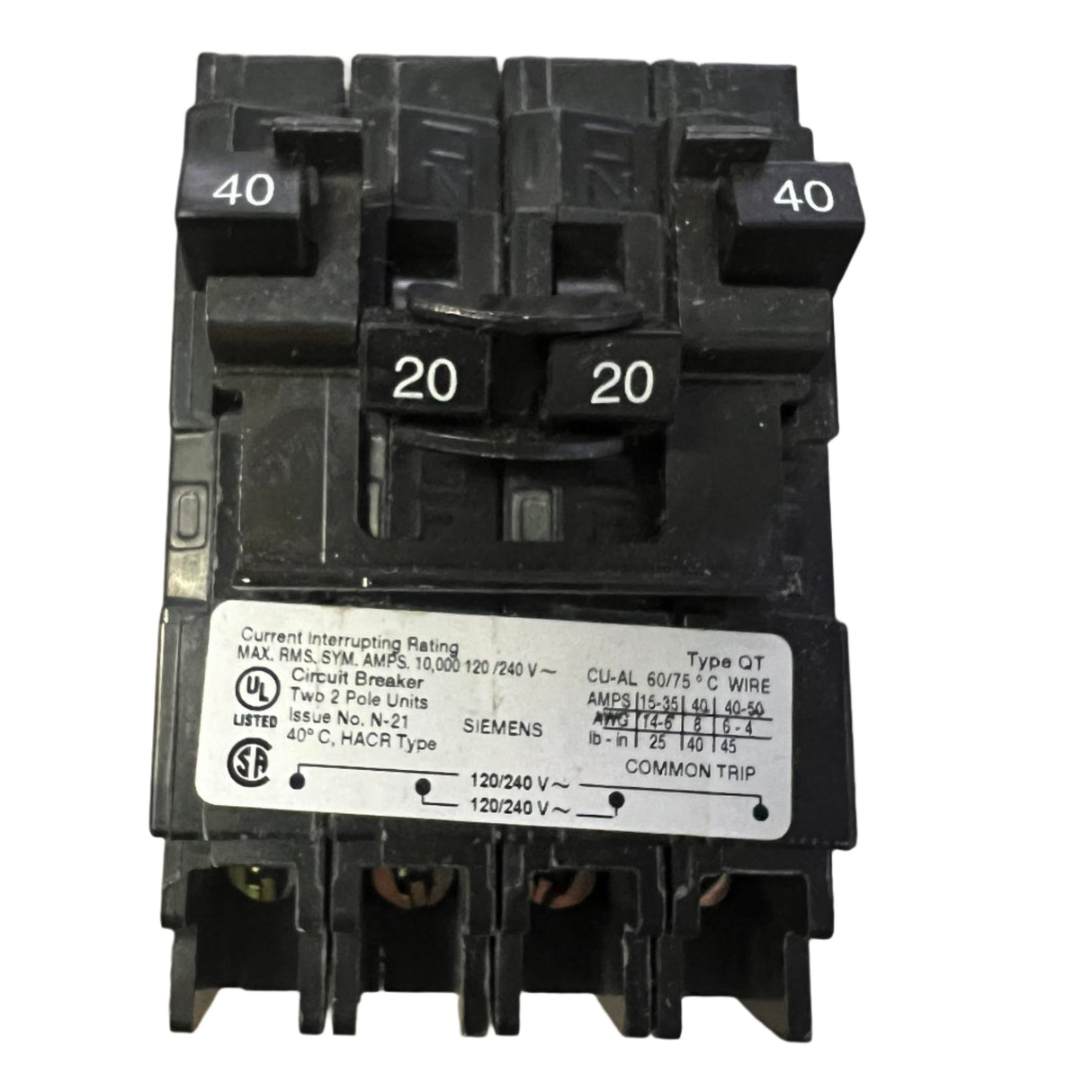 Siemens Q24020CT2NC - 20 Amp/40 Amp Quad Circuit Breaker