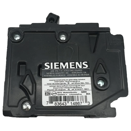 Black Siemens electrical component on a white background