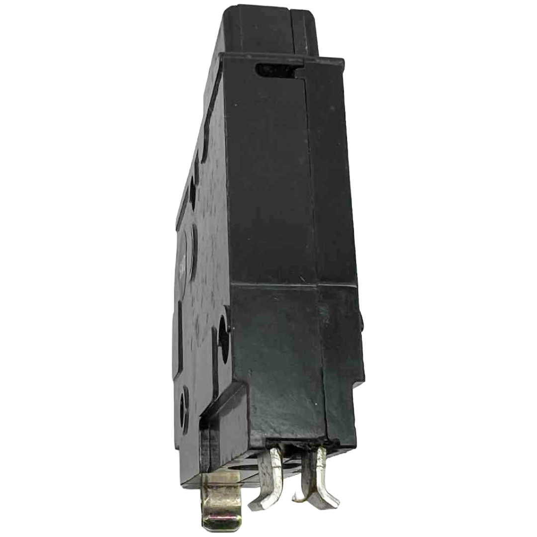 Black electrical circuit breaker on a white background