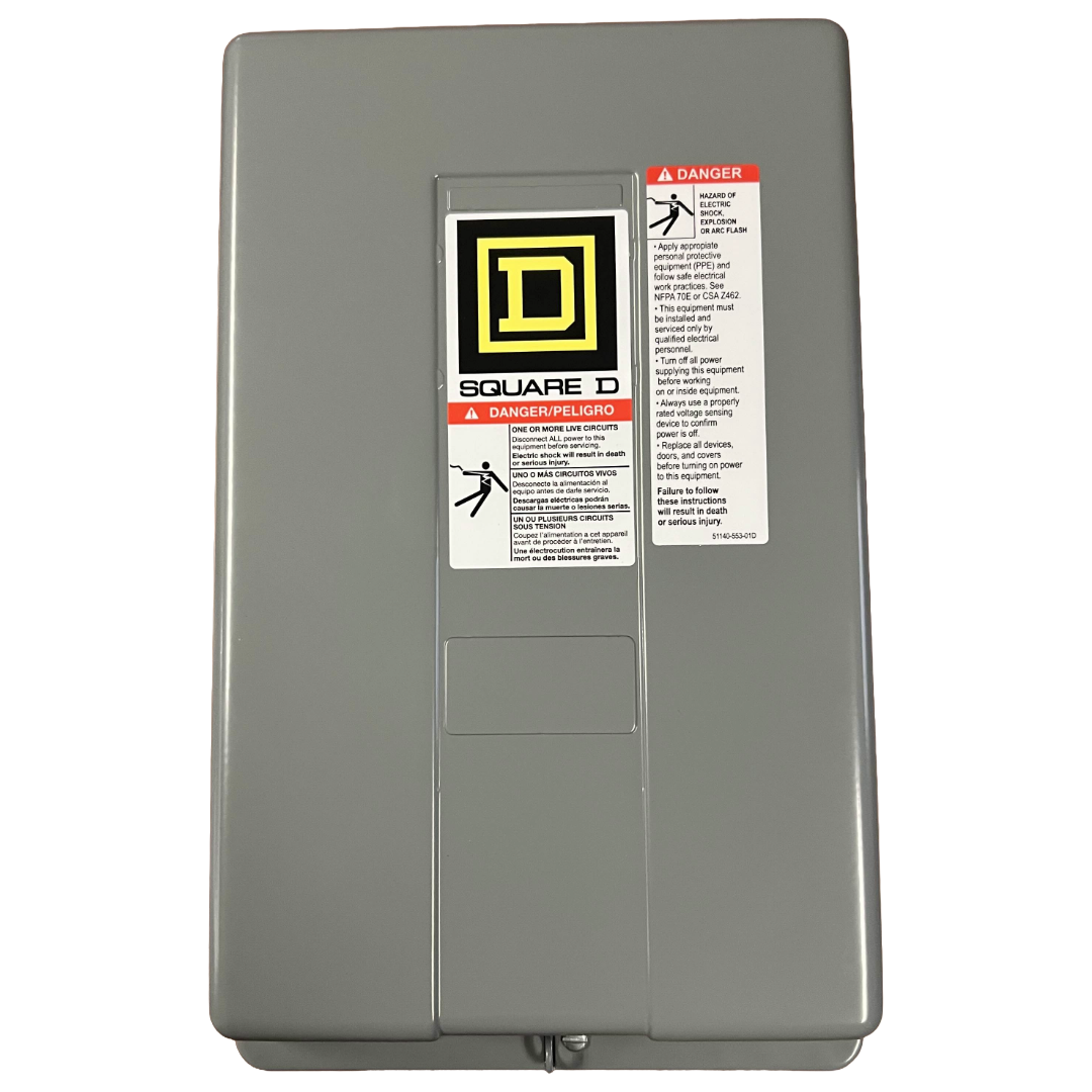 Gray electrical panel with Square D logo and warning labels on a white background