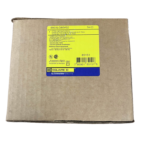 Cardboard box with a yellow label featuring Square D branding on a white background