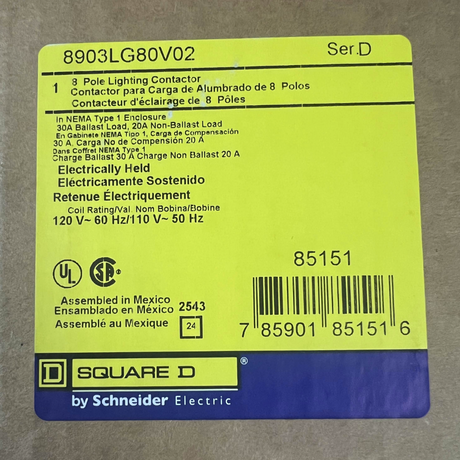 Yellow label with text and Square D logo on a gray background